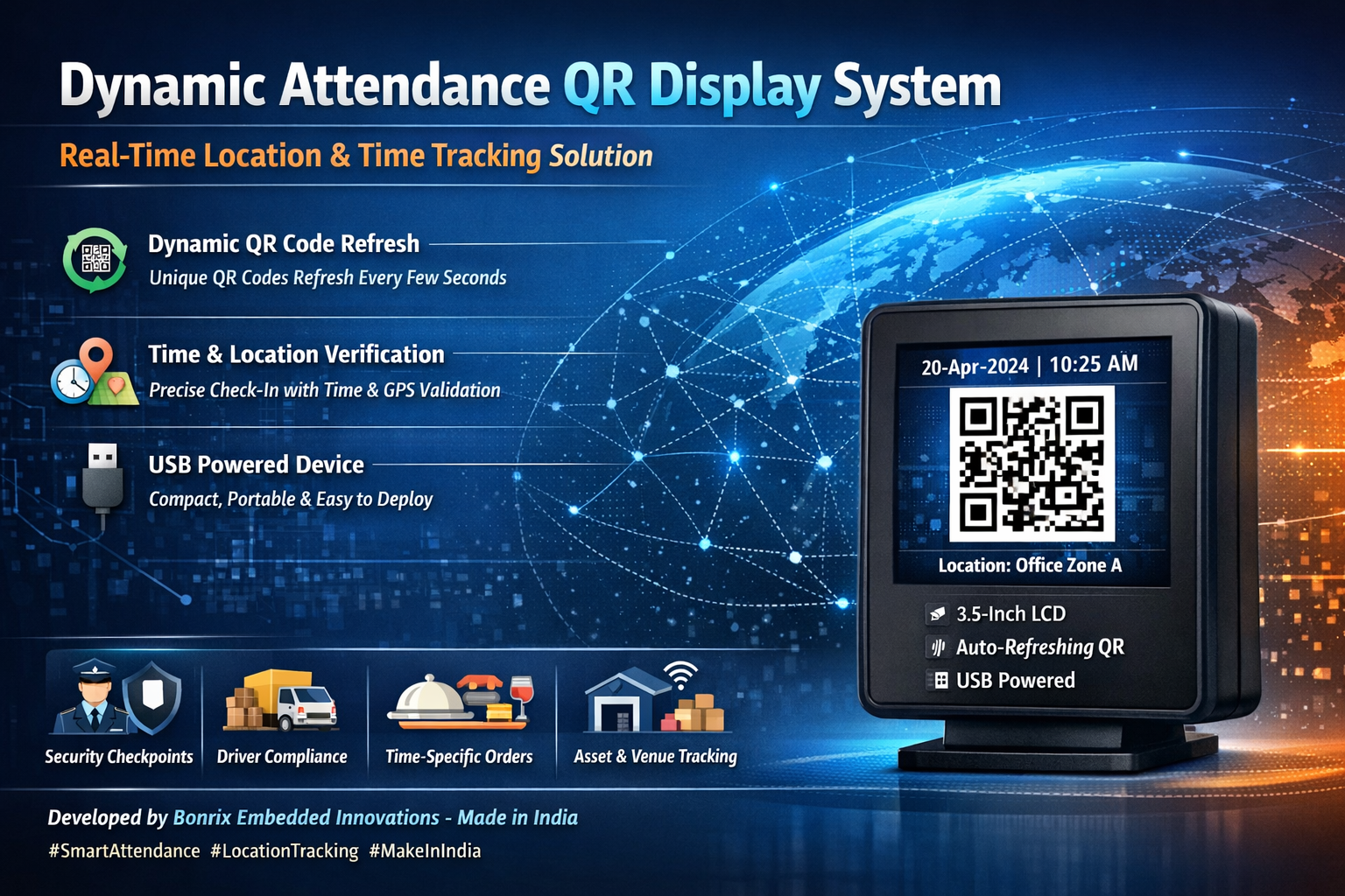 Bonrix Dynamic Attendance QR Display System with USB power and cloud validation